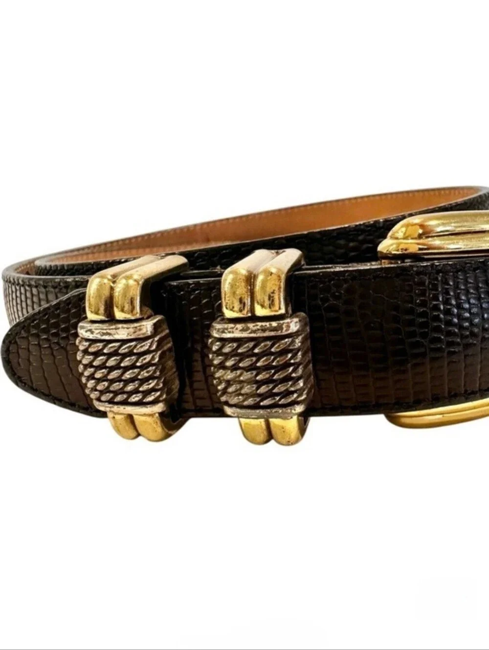 Brighton Black Embossed Leather Belt With Mixed Metal Gold & Silver Buckle